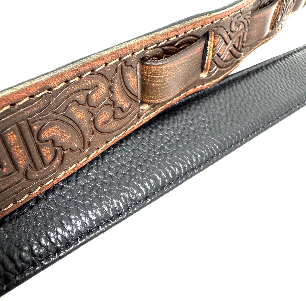 Walker And Williams M-20-BRN Bourbon Brown Leather Premium Padded Mandolin Strap With Celtic Chain Design, For Mandola, Bouzouki or Ukulele. For F And A Type Mandolins