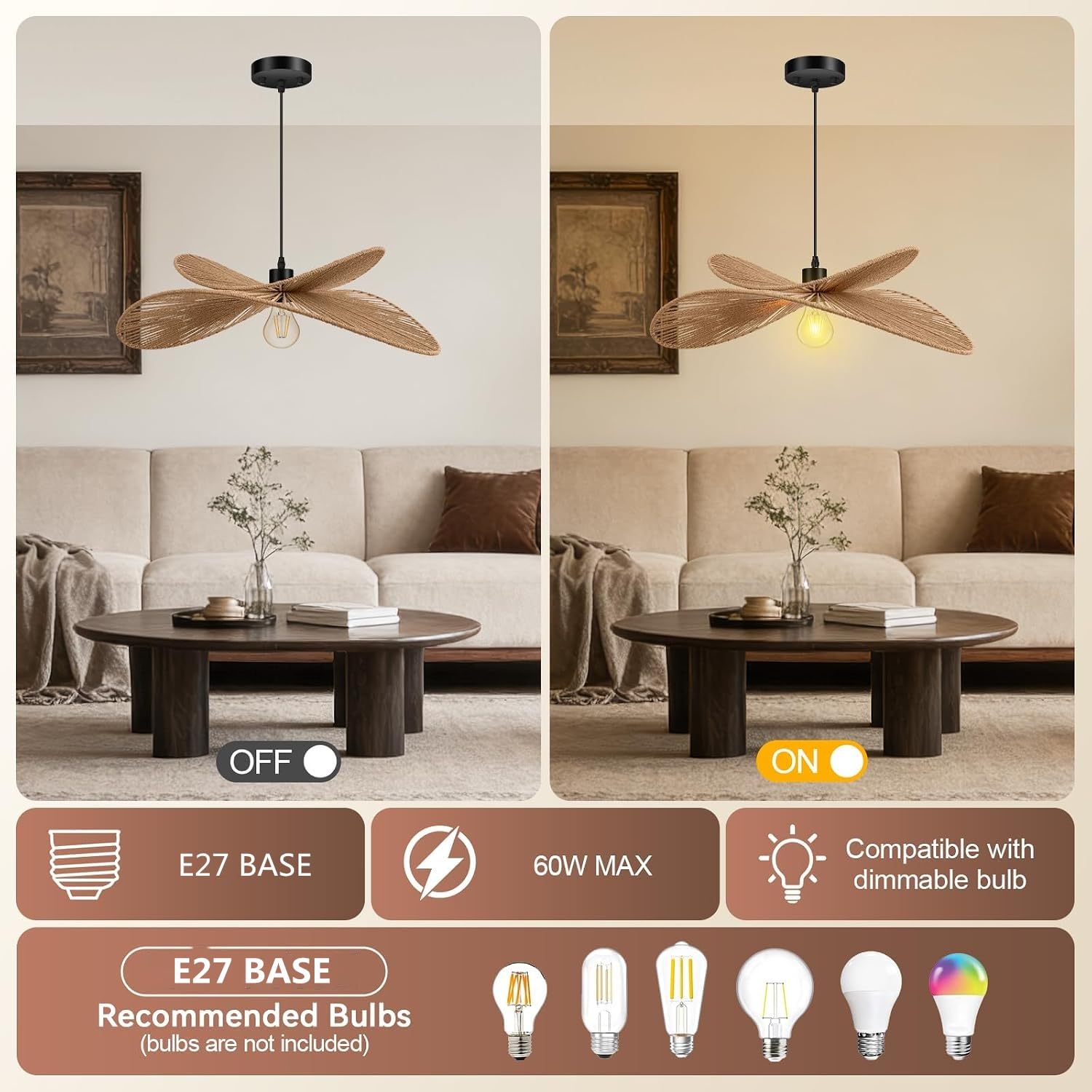 60cm Große Pendelleuchte Boho Rattan Hängeleuchte Handgeflochtene Hängelampe Im Küstenstil Aus Korbgeflecht Pendellampe Mit Natürlichen Wellen Und Zweilagigem Design Für Wohnzimmer Schlafzimmer