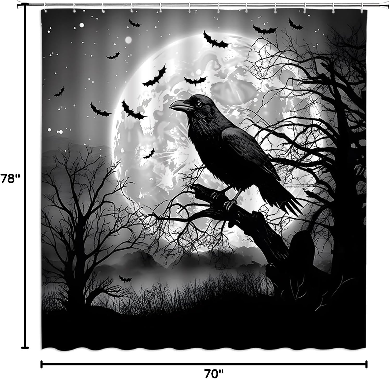 Halloween Shower Curtain Black Crow Bats in Creepy Full Moon Night Gothic Blood Horror Scary Spooky Mysterious Fabric Decorative Bathroom Curtains with Hooks,Gray Black