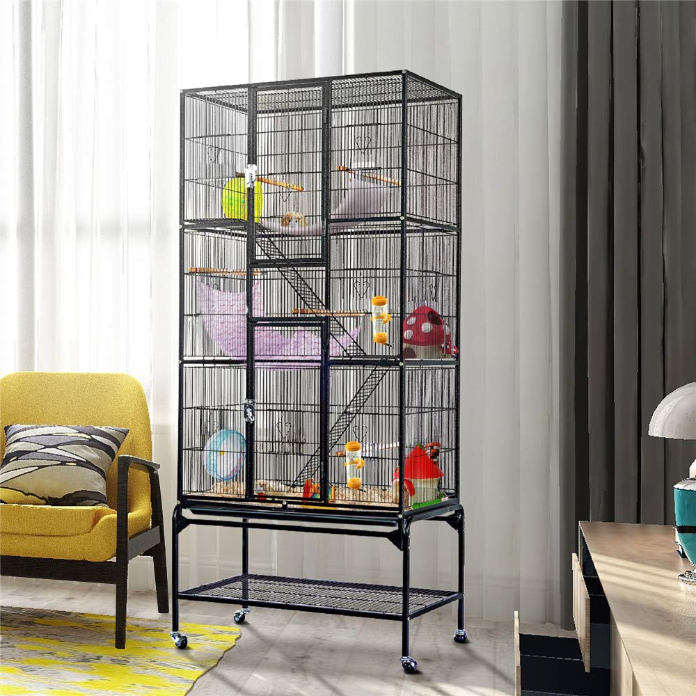 Yaheetech Klatka dla Ptaków Woliera Wewnętrzna dla Papug Nimf Konur Kanarków z Kółkami 77x46x175,5cm Czarny