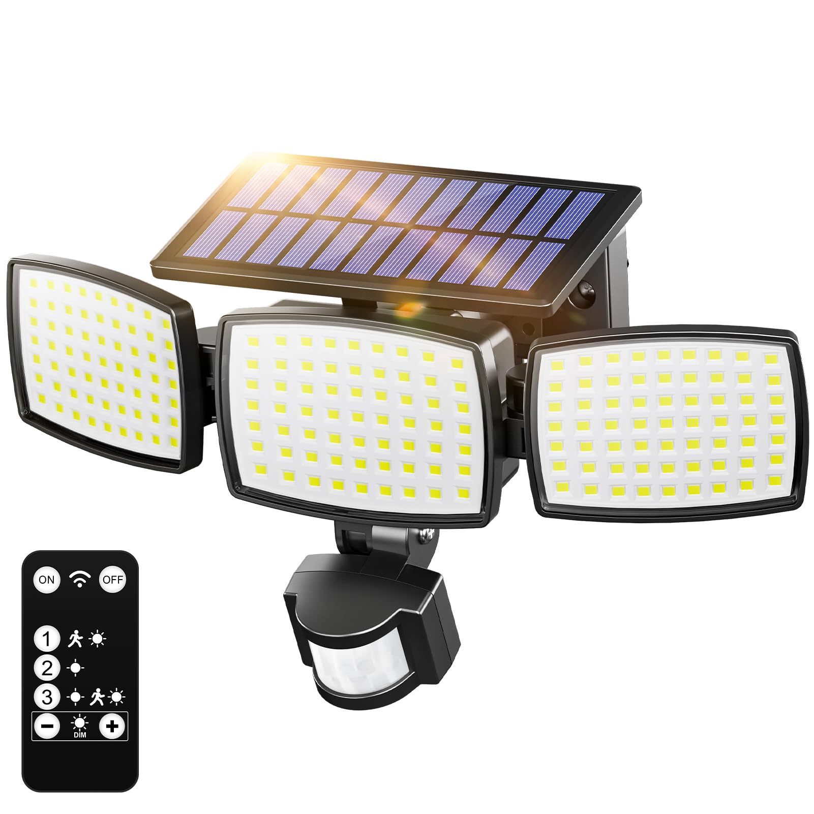 Solar Security Light Outdoor Light 189LED 1200LM, 3 Modes Solar Lights Outdoor Garden with Remote Control 3 Heads, Motion Sensor Lights Outdoor Solar Floodlight IP65 Wall Lights for Yard, Garage 1P