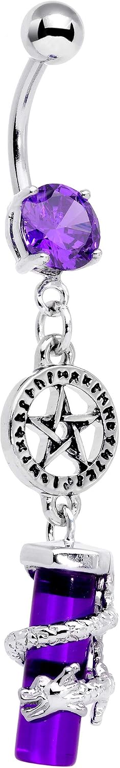 Body Candy Womens 14G Steel Navel Ring Piercing Purple Accent Dragon Pentagram Dangle Belly Button Ring