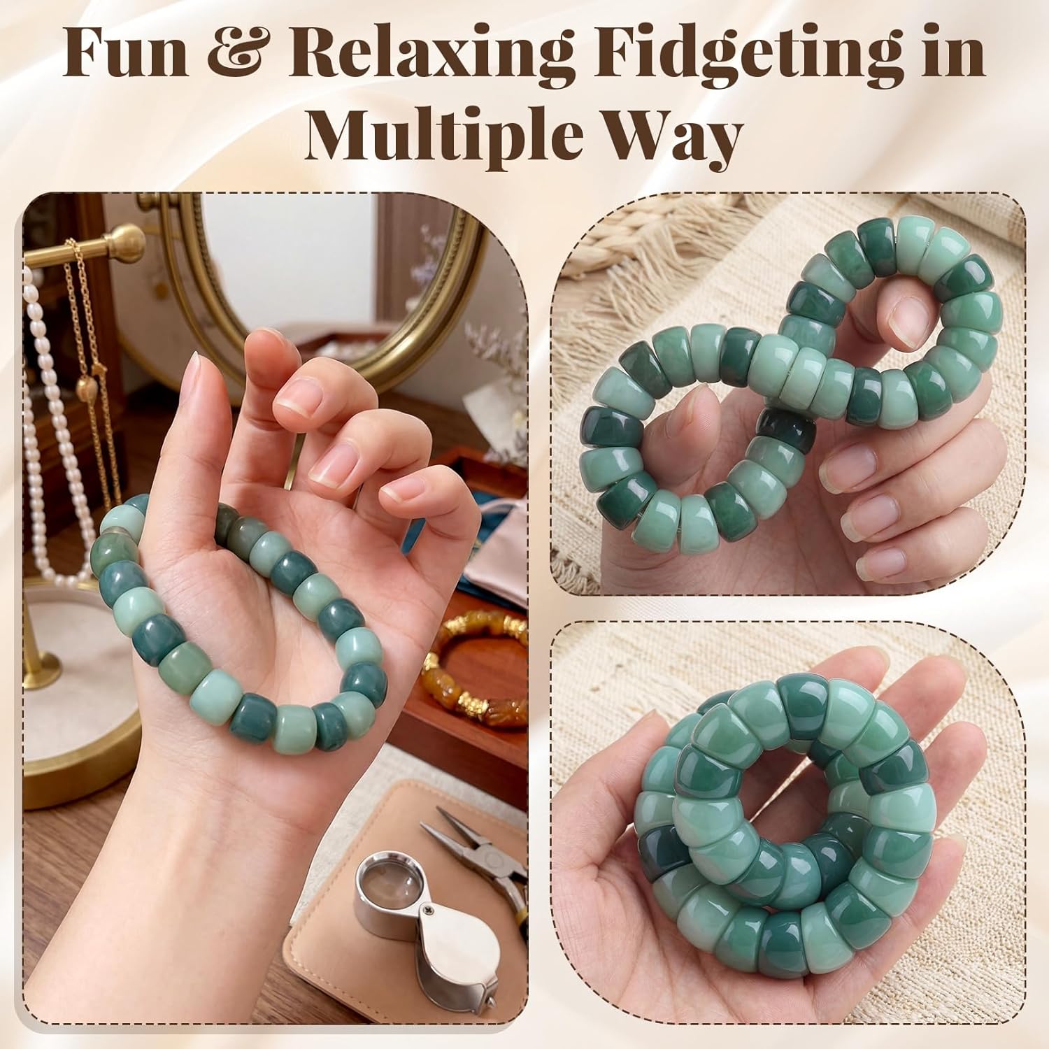 Kingdder 4 Pcs Fidget Bodhi Seed Bracelet for Women Anxiety Natural Bead Bracelet Meditation Protection Healing Fidget Beads Stretch Stress Relief Idea Gift for Adults Men