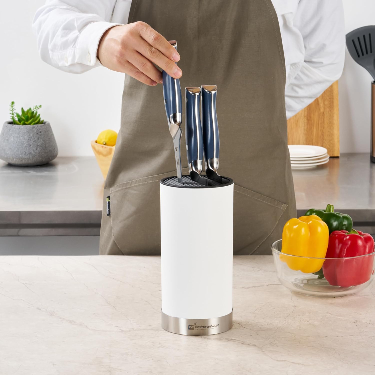 Restaurantware Sensei 4.3 x 8.8 Inch Round Knife Block 1 Round Slotted Knife Holder - Soft Touch Holds 9 Knives White Plastic Universal Knife Holder For Easy Storage