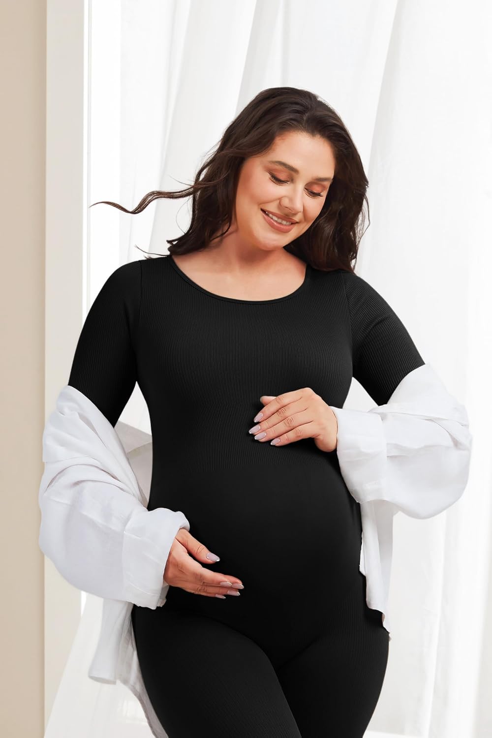 Angelhood Maternity Bodysuit Ribbed Long Sleeve Maternity Workout Romper One Piece Yoga Pregnancy Jumpsuit Shapewear