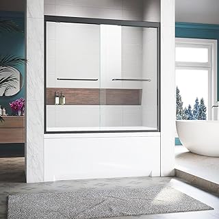 Bathtub Glass Shower Door,56-60 inch W x 57 inch Matte Black Shower Doors with 1/4 inch Clear Tempered Glass,Double Sliding Semi-Frameless Bypass Tub Doors with Stainless Steel Handles