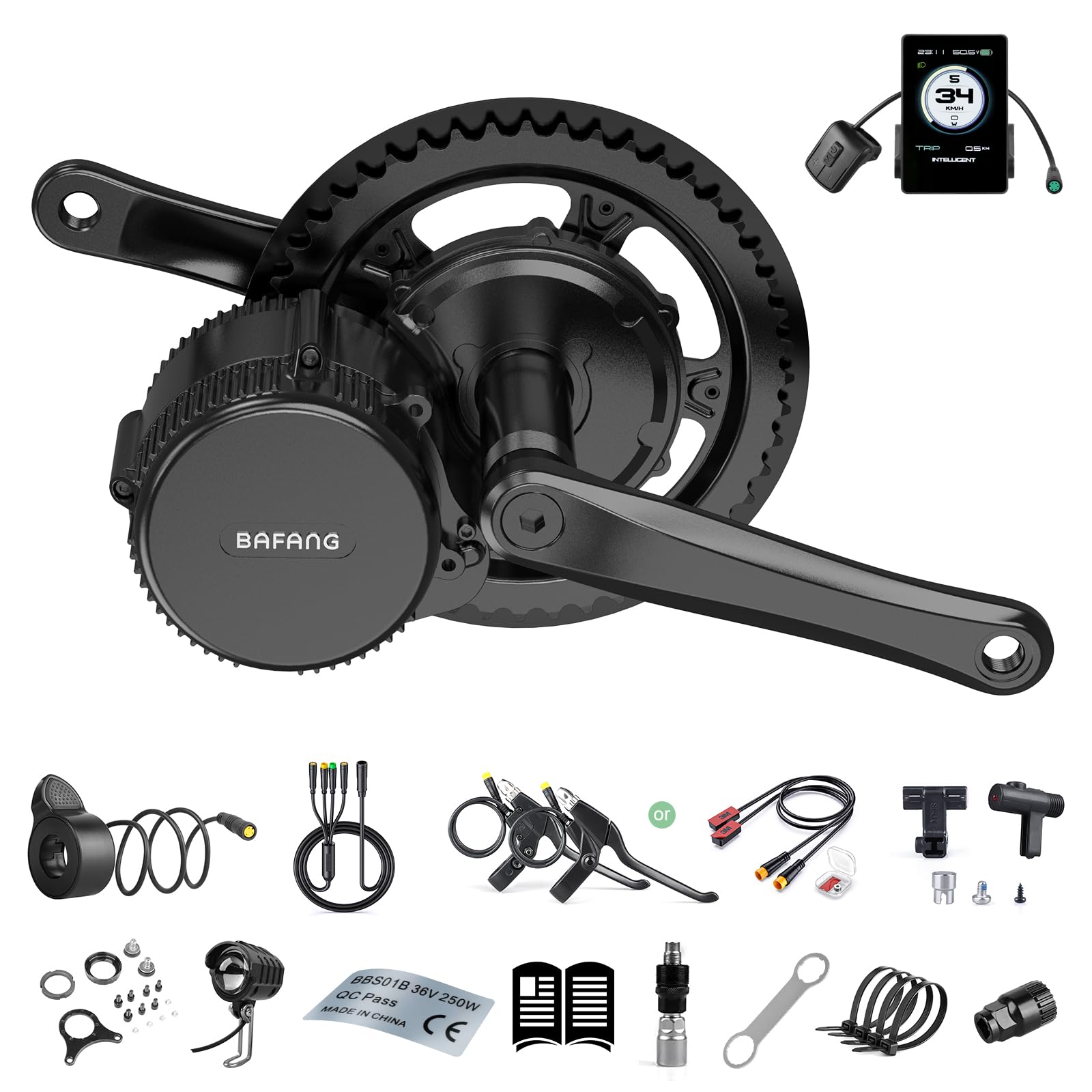 Bafang 250W Mid Drive Kit - Upgraded BBS01B 36V Electric Bike Conversion Kit with P860C Display & 44T Chainring, Brushless Geared 8Fun BBS01 Ebike Kit for 68mm Bottom Bracket, G340