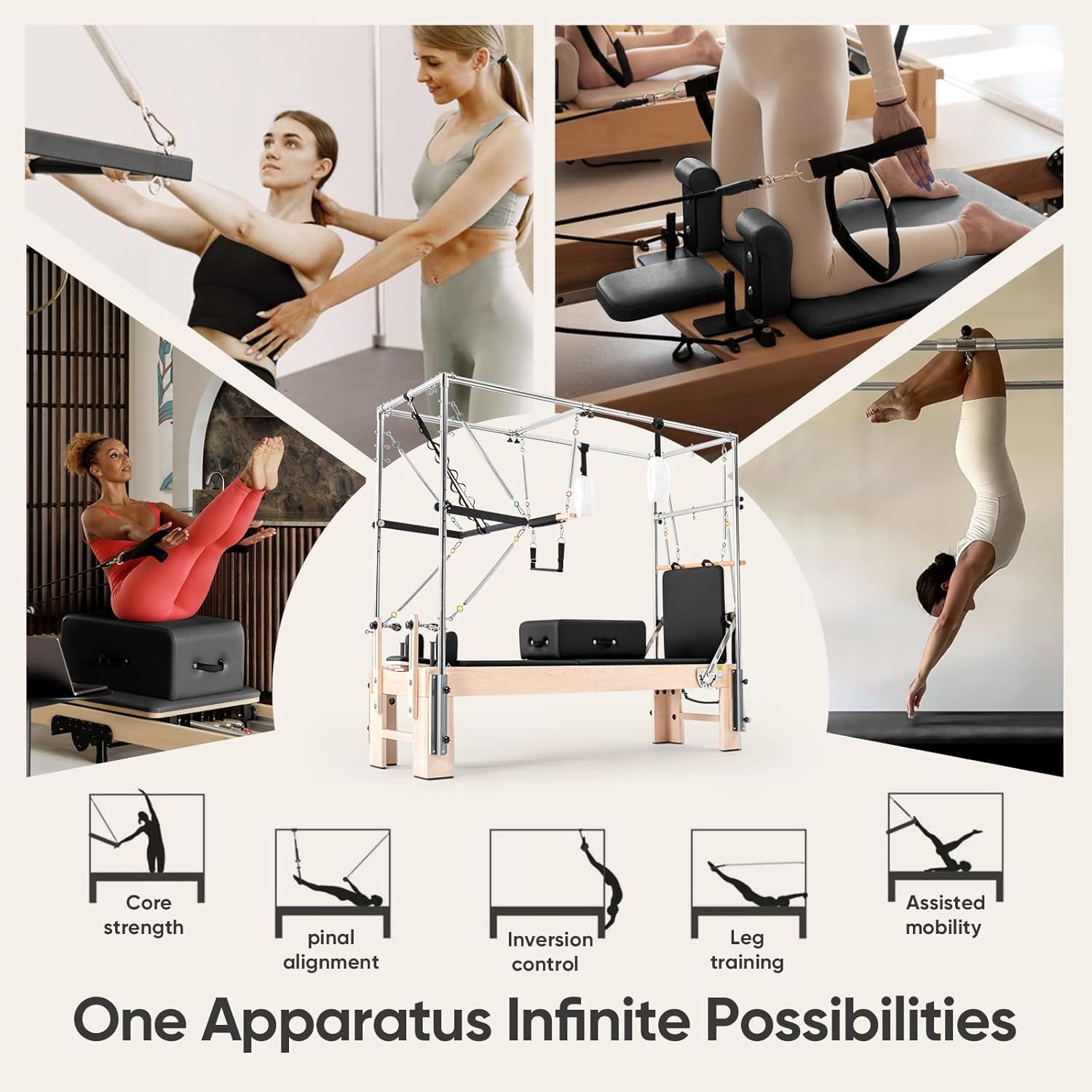 Pilates Reformer with Half Trapeze – Maple Wood Frame, Adjustable Resistance & Half Trapeze for Home Gym, Core Strength, Flexibility & Full-Body Workouts, Mocha