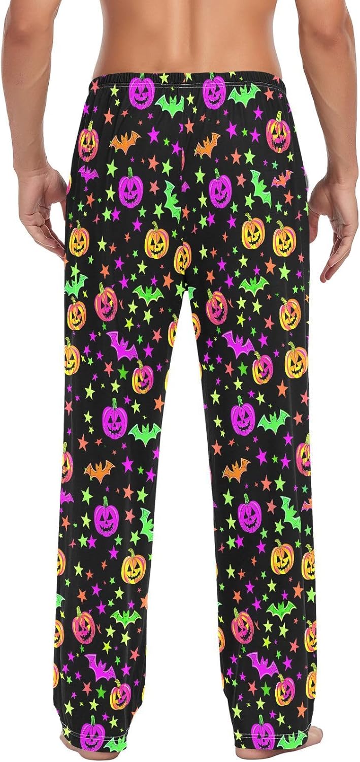 ALAZA Pumpkins Bats Neon Halloween Men's Pajama Pants Men Cotton Pajama Bottoms with Pockets, S