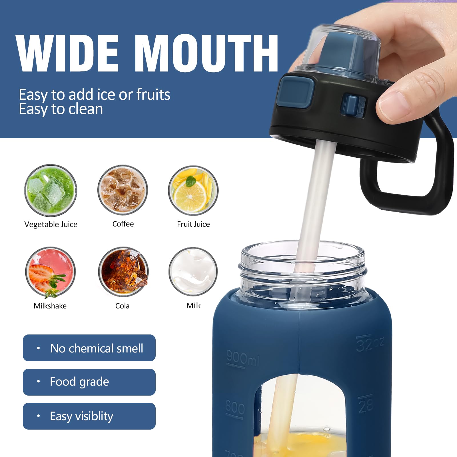 BLUEGO 900ml Bottiglia d'acqua in vetro con manico e cannuccia con manicotto in silicone per sport da palestra all'aperto Bottiglia d'acqua motivazionale a prova di perdite, Azzurro