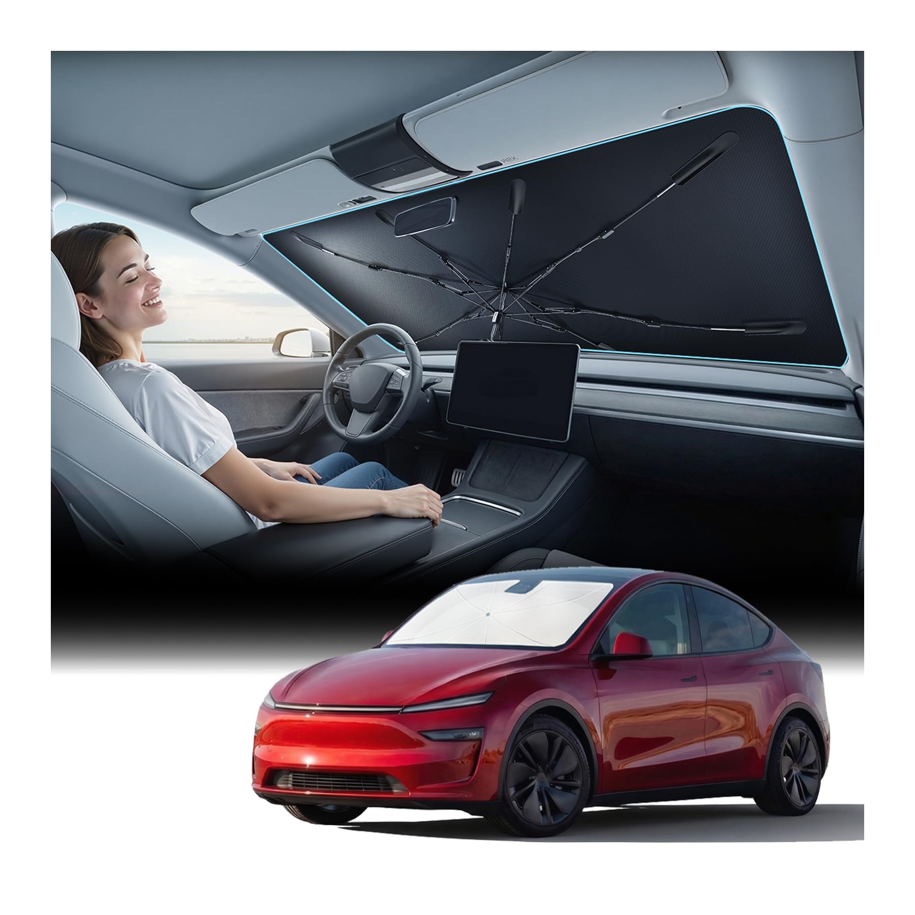 Photo 1 of [2026 Upgraded] Nmoiss Windshield Sun Shade Umbrella for Tesla Model Y & Model 3 - [Vinyl Coating Heat Shield] Protect Car from Sun Rays & Heat Damage Keep Cool and Protect Interior