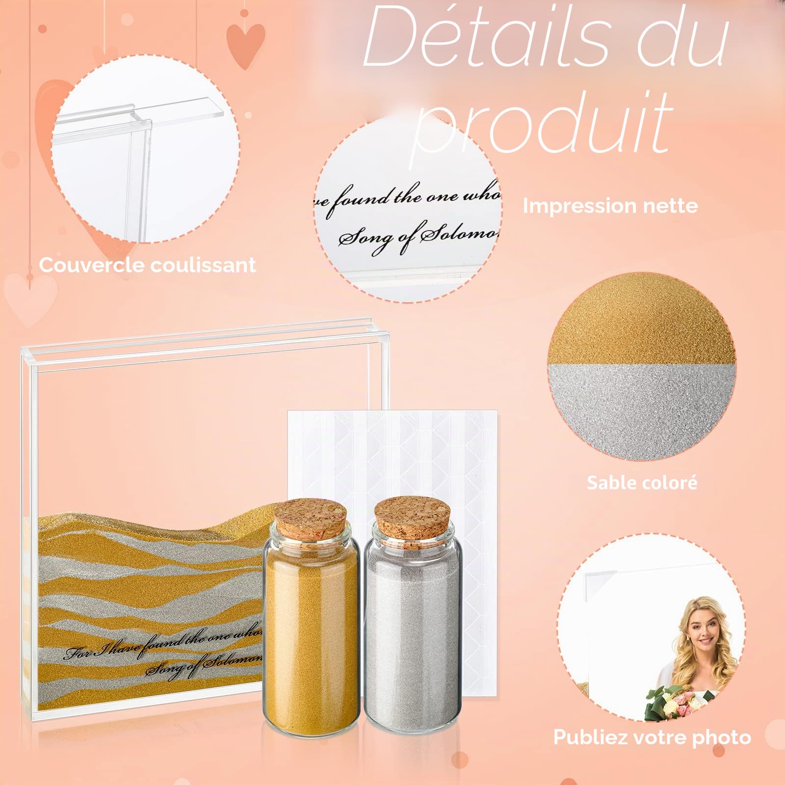 Kit de cérémonie de sable pour mariage comprenant 2 cadres photo en acrylique transparent et 2 supports de sable pour décoration de mariage, décoration d'intérieur