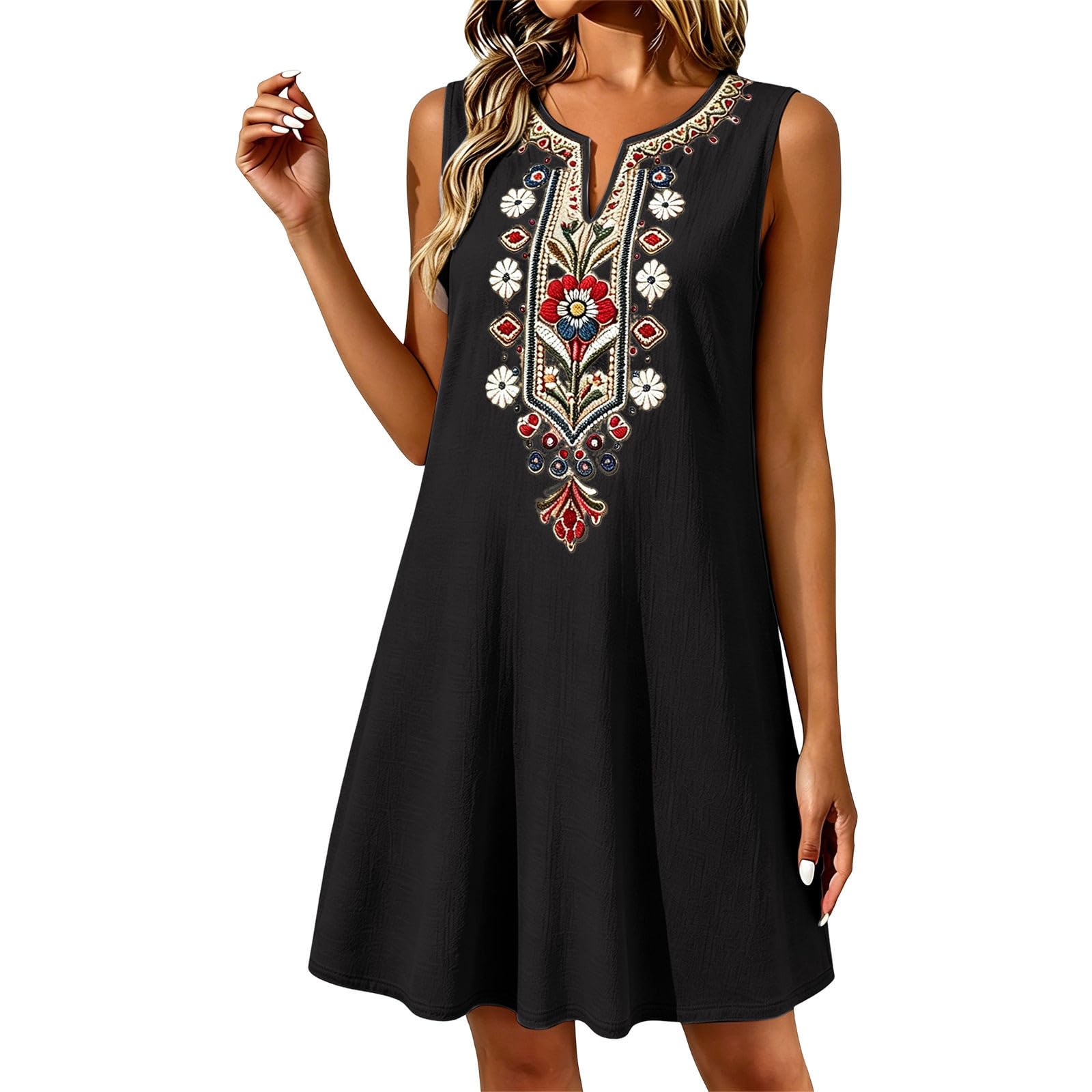 Vevpewshi Women's Boho Linen Dresses Sleeveless Embroidered V Neck Knee-Length Sundress with Pockets 2026 Summer Fashion Occation Dress for Women UK
