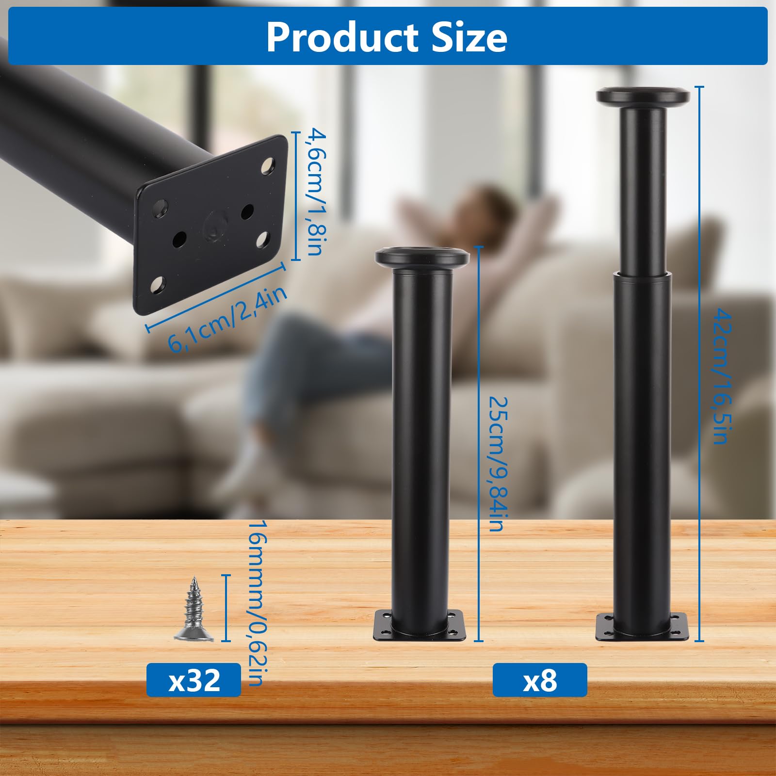 SHUESS 8 patas para muebles de metal, 25 – 42 cm, ajustables, color negro, altura ajustable, patas para muebles, para armario de TV, sofá, silla de baño, etc