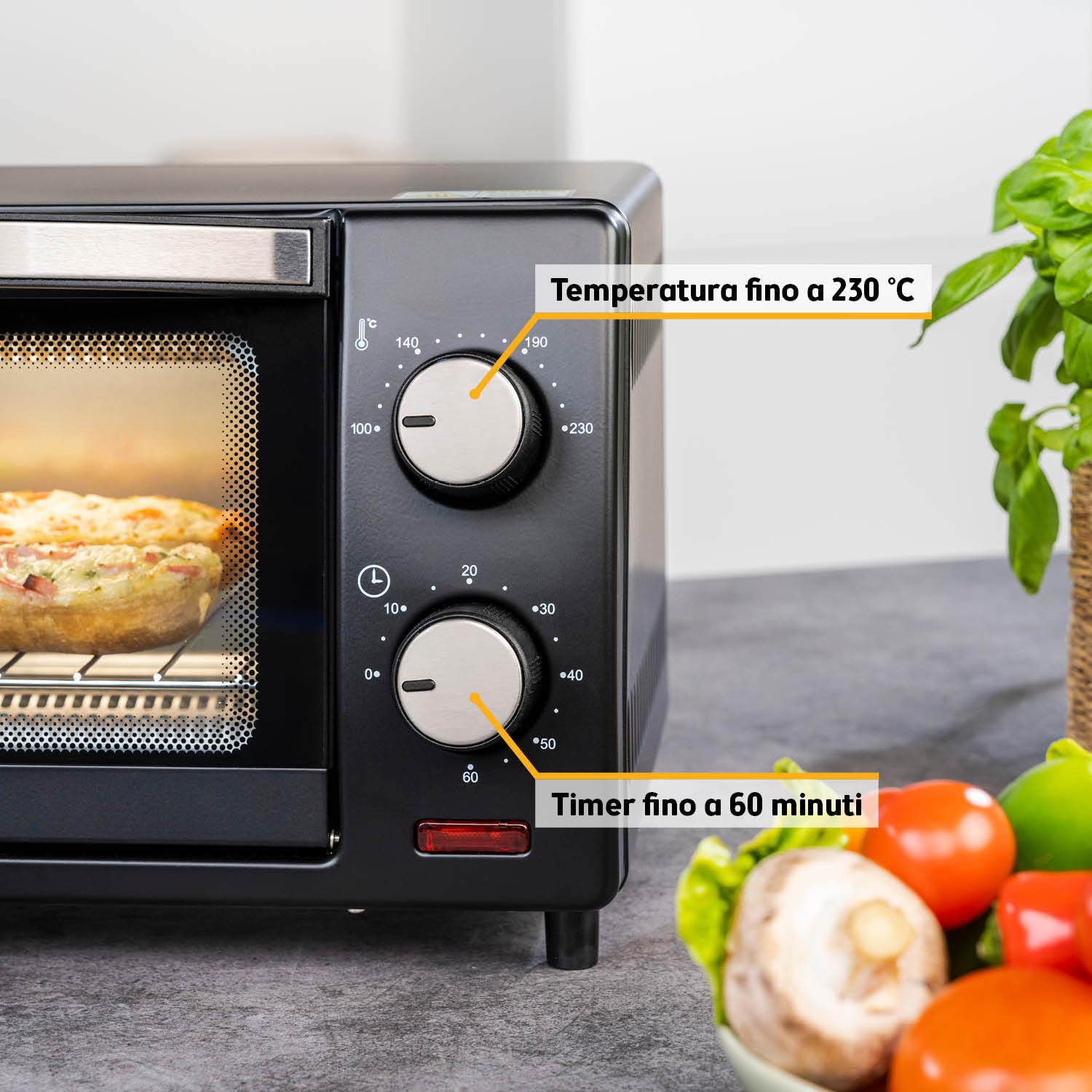 Forno Mini 10L 800W First Austria Fornetto con regolazione temperatura 230°C timer 60 min 2 altezze teglia griglia