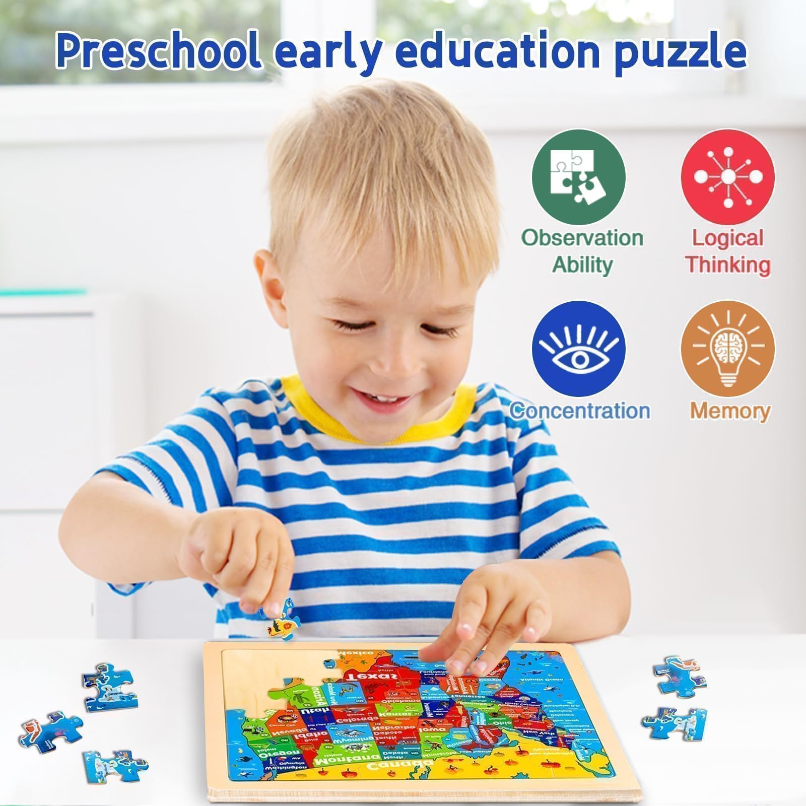 Holzpuzzle für Kinder von 2 bis 4 Jahren, 6 Packungen à 24 Stück, Sonnensystem, Weltkarte, Puzzles für Kleinkinder von 3 bis 5 Jahren, Lernspielzeug für Kinder im Vorschulalter