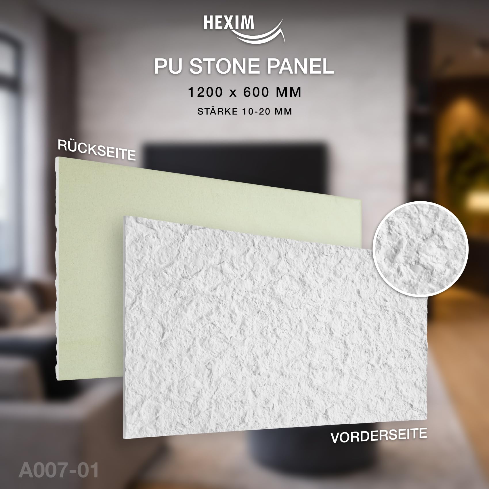 HEXIM Wandpaneele Steinoptik 2 Stück 120x60cm – Felswand PU Wandverkleidung, Täuschend echte Bruchstein 3D Paneele für Wohnzimmer – 2cm starke Stone Steinplatte weiß (1,44m² White)