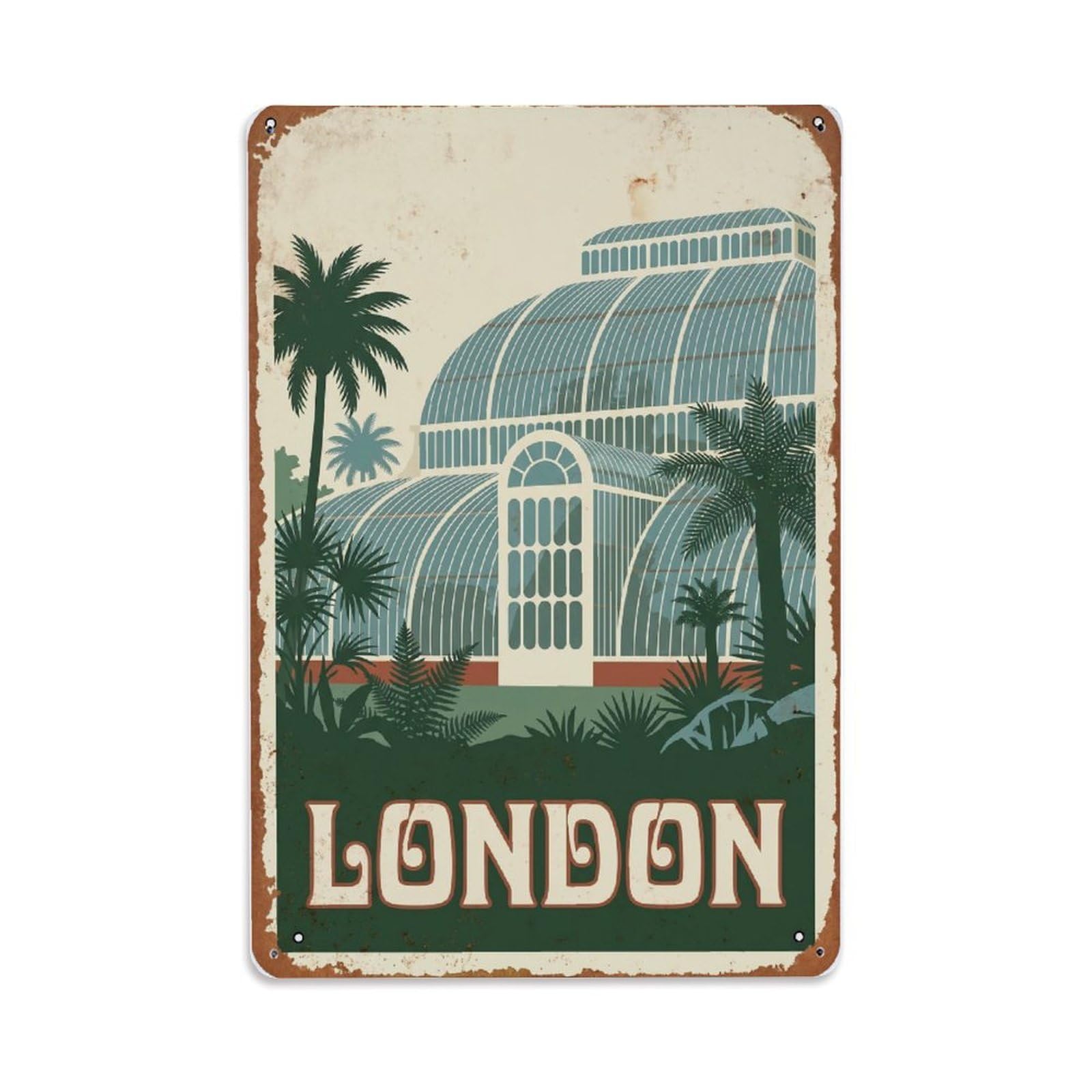 Vintage Travel London Kew Gardens Botanical Palm House Rusted England Metal Tin Sign Plaque Wall Decor for Cafe, Club Bar, Office, Home Garden Metal Poster 8x12Inch