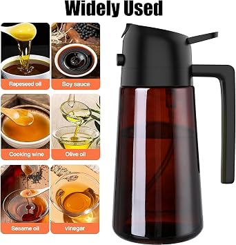 Olive Oil Sprayer for Cooking 2 in 1 - Oil Dispenser with Spray and Pour, 16oz/470ml Brown Oil Spray Bottle for Kitchen, Air Fryer, Salad, BBQ (Black)