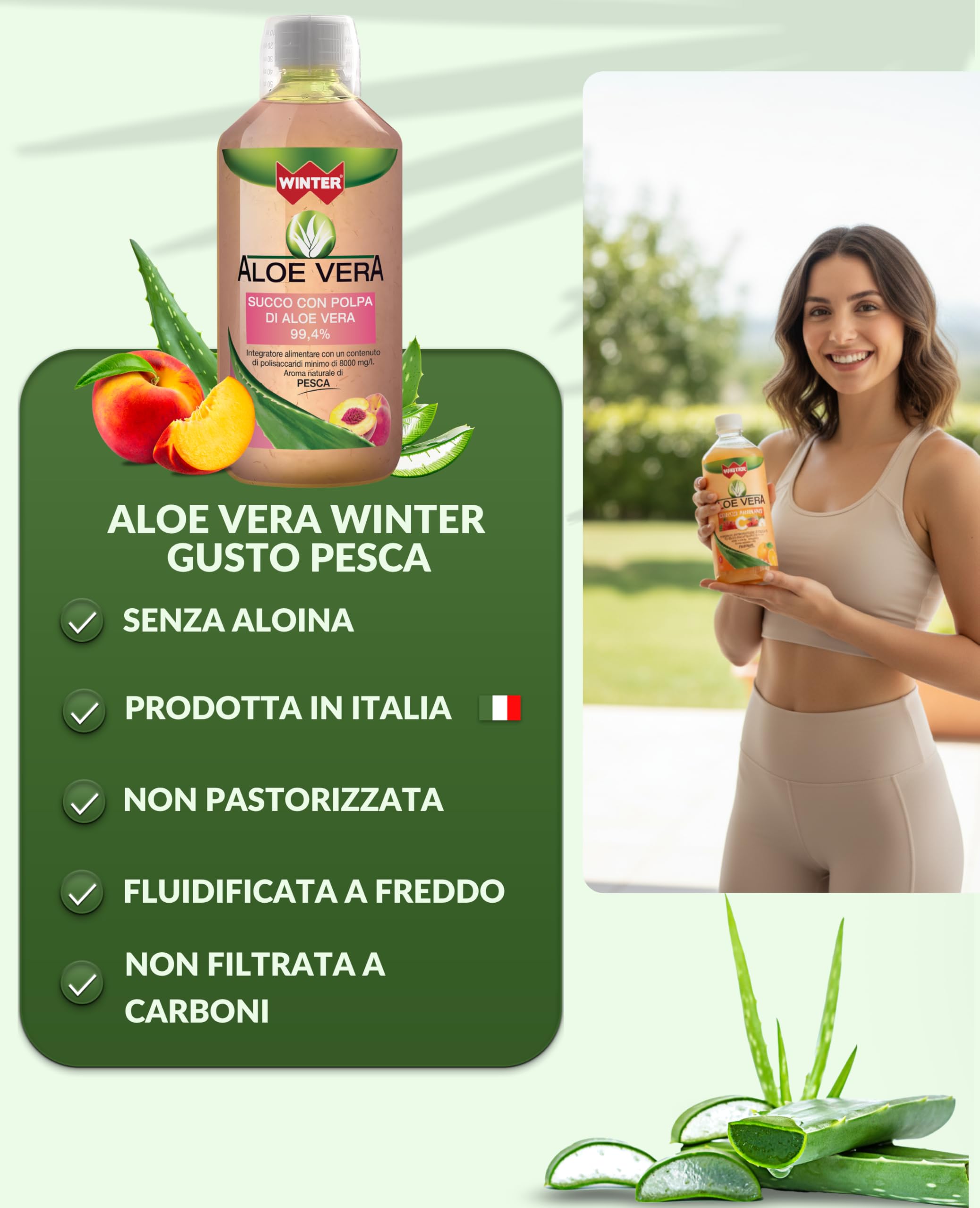 Aloe Vera da Bere 99,4% con Polpa Naturale al Gusto Pesca – Succo Senza Aloina, Made in Italy, 1000 ml – Integratore Depurativo e Digestivo, Fresco e Piacevole da Bere Ogni Giorno