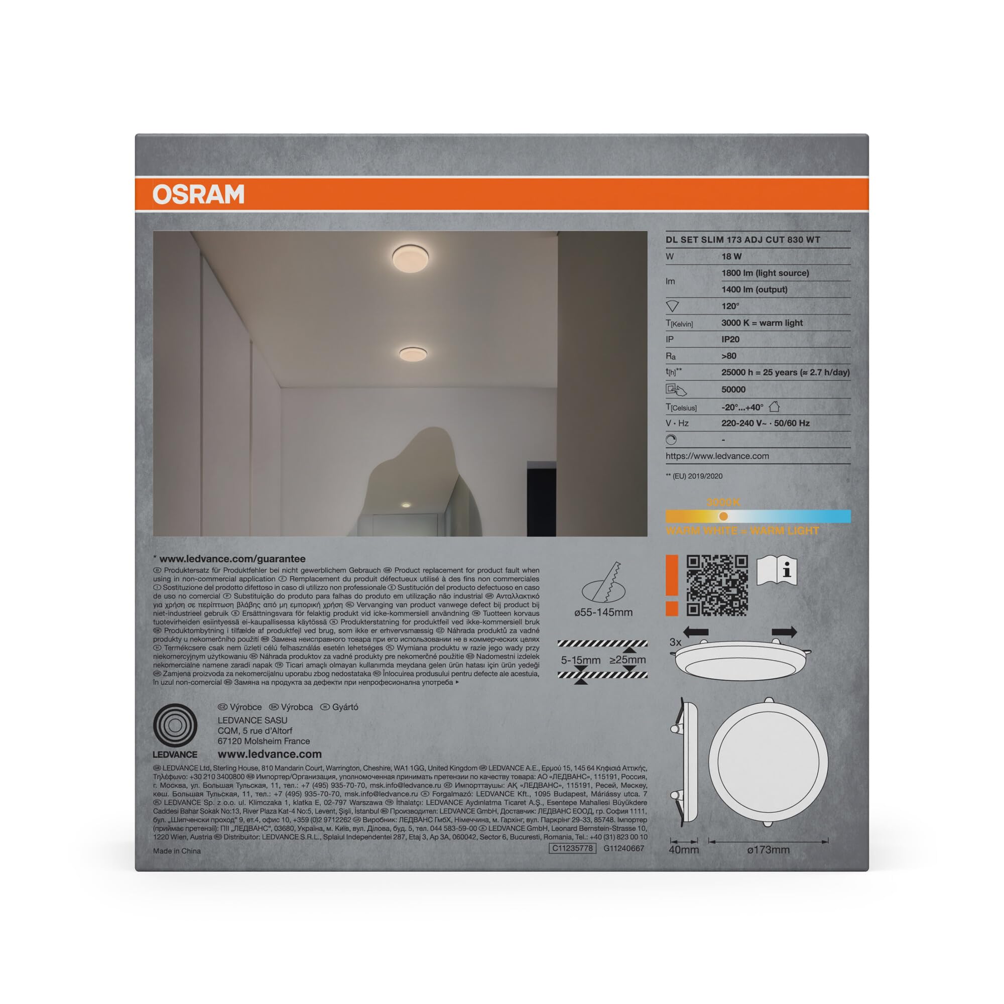 OSRAM Reflektor LED do zabudowy Essential Orientable 173 mm 18 W, obrót Downlight, ciepła biel 3000K, stal IP20