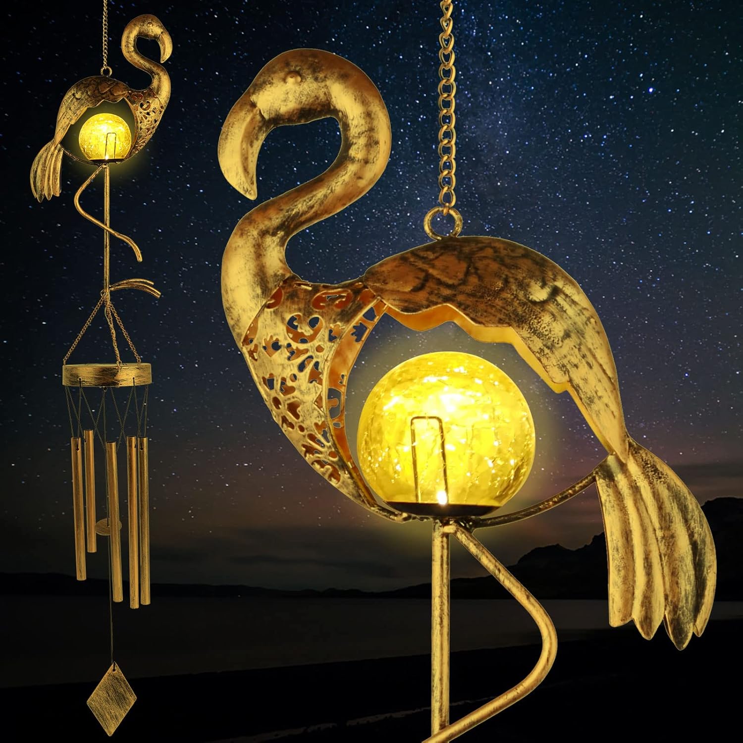 Flamingo Solar Wind Chimes for Outside for Women Gifts for Mom Grandma Wife Birthday Gift Crackle Glass Ball Windchimes Gardening Gift for Outdoor Patio Decor Yard Porch Decorations