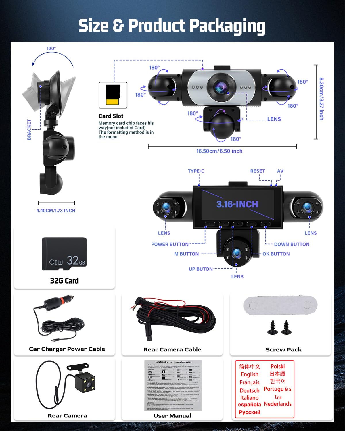 NHOPEEW 5 Canales 360° Dashcam de cámara, grabadora de conducción Delantera 1080P, grabación en Bucle, Monitor de Aparcamiento 24 Horas, detección de Movimiento, visión Nocturna