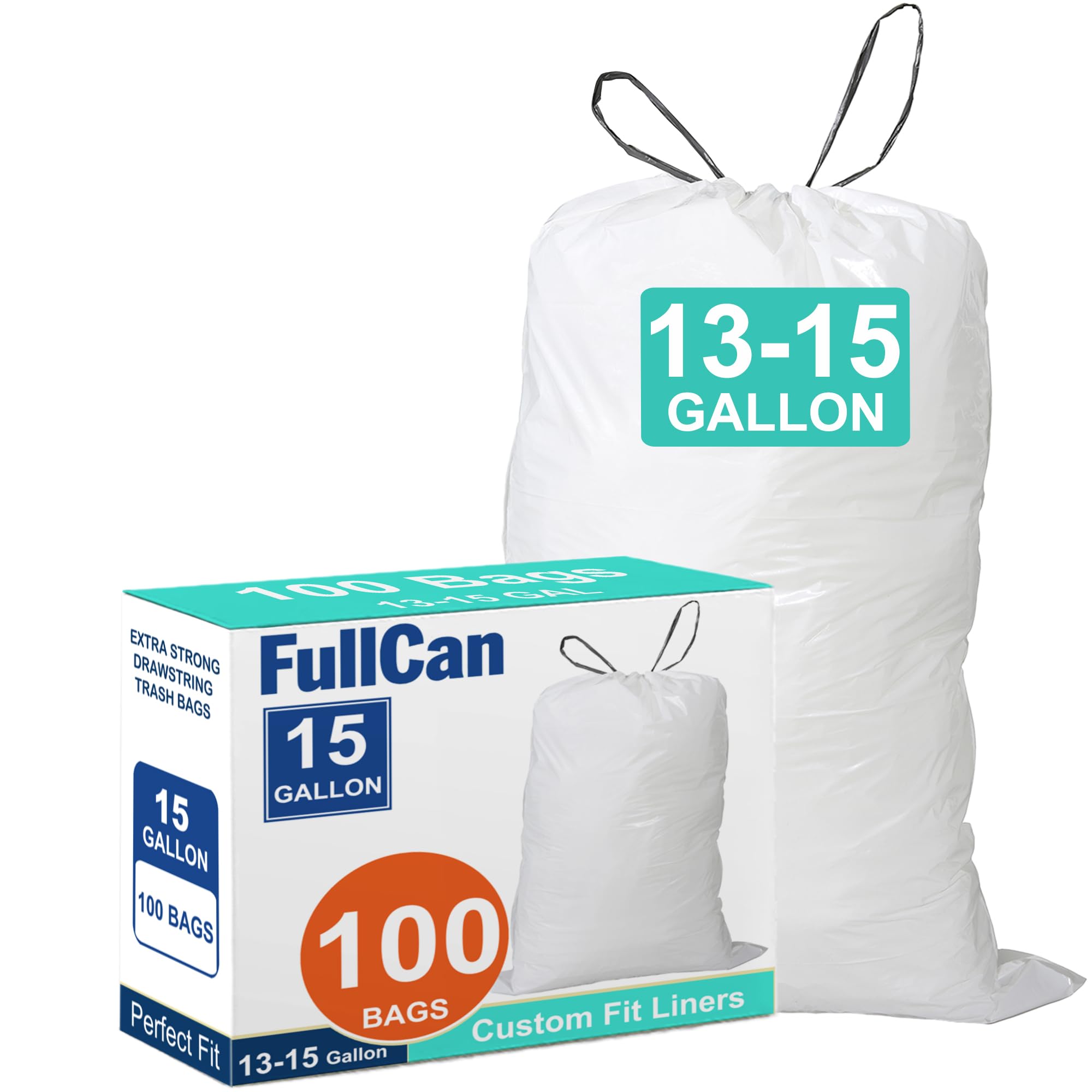 15 Gallon Heavy Duty Drawstring Trash Bags 1.2 MIL 100 Count Perfect Fit White Garbage Can Liners 15 Gallon White Drawstring Garbage Liners PERFECT FIT &amp; GRAND SAVE!