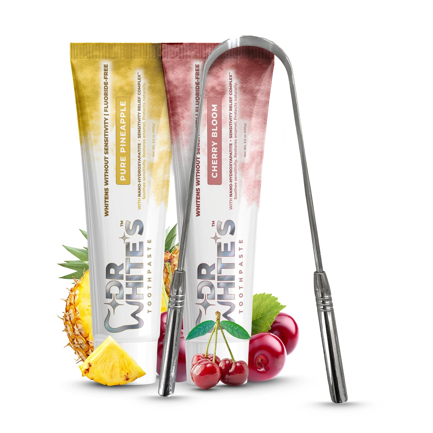 Dr. White’s Precision Tongue Care™ Morning Routine Set – Dual Grip | 304 Stainless Steel Tongue Cleaner + Pure Pineapple & Cherry Bloom Toothpaste