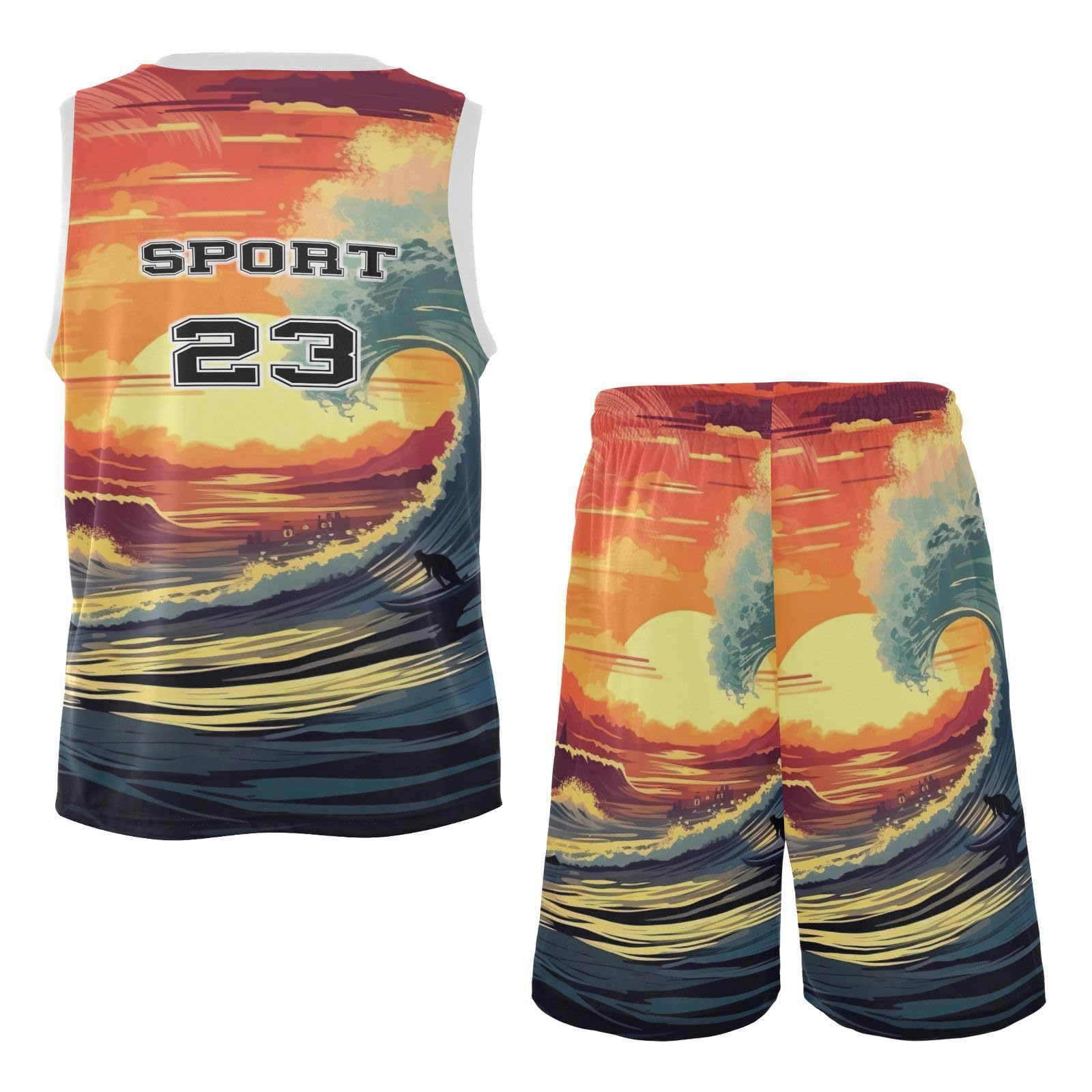 FLildon Beach Surfer Riding Waves Boys Basketball Jersey Set Tank Top Shorts Tracksuit Sport Training Suit for Kids