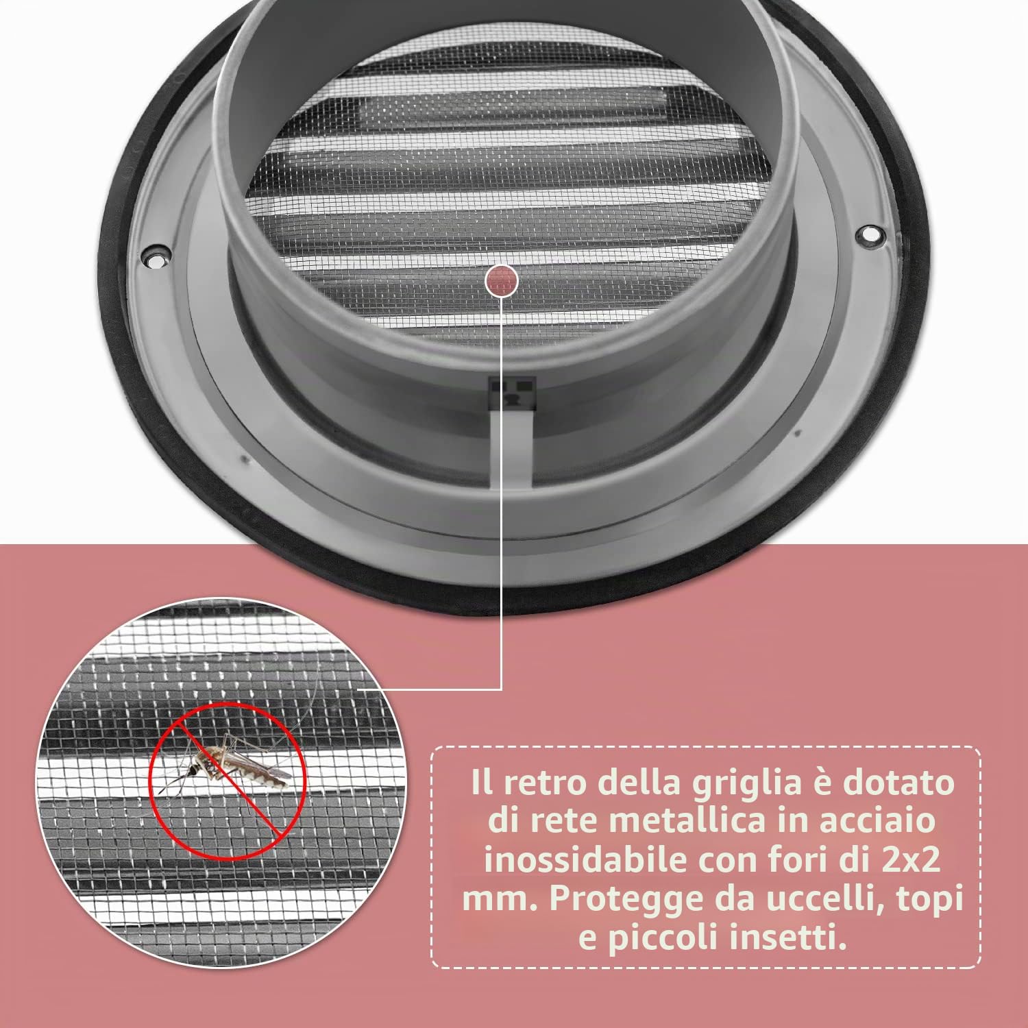WeCooper Griglia di ventilazione da 100 mm, in acciaio inossidabile 304, con estrattore tondo a punta semicircolare, copertura della ventola a 4 pollici, con alette, zanzariera e deflettore antigoccia
