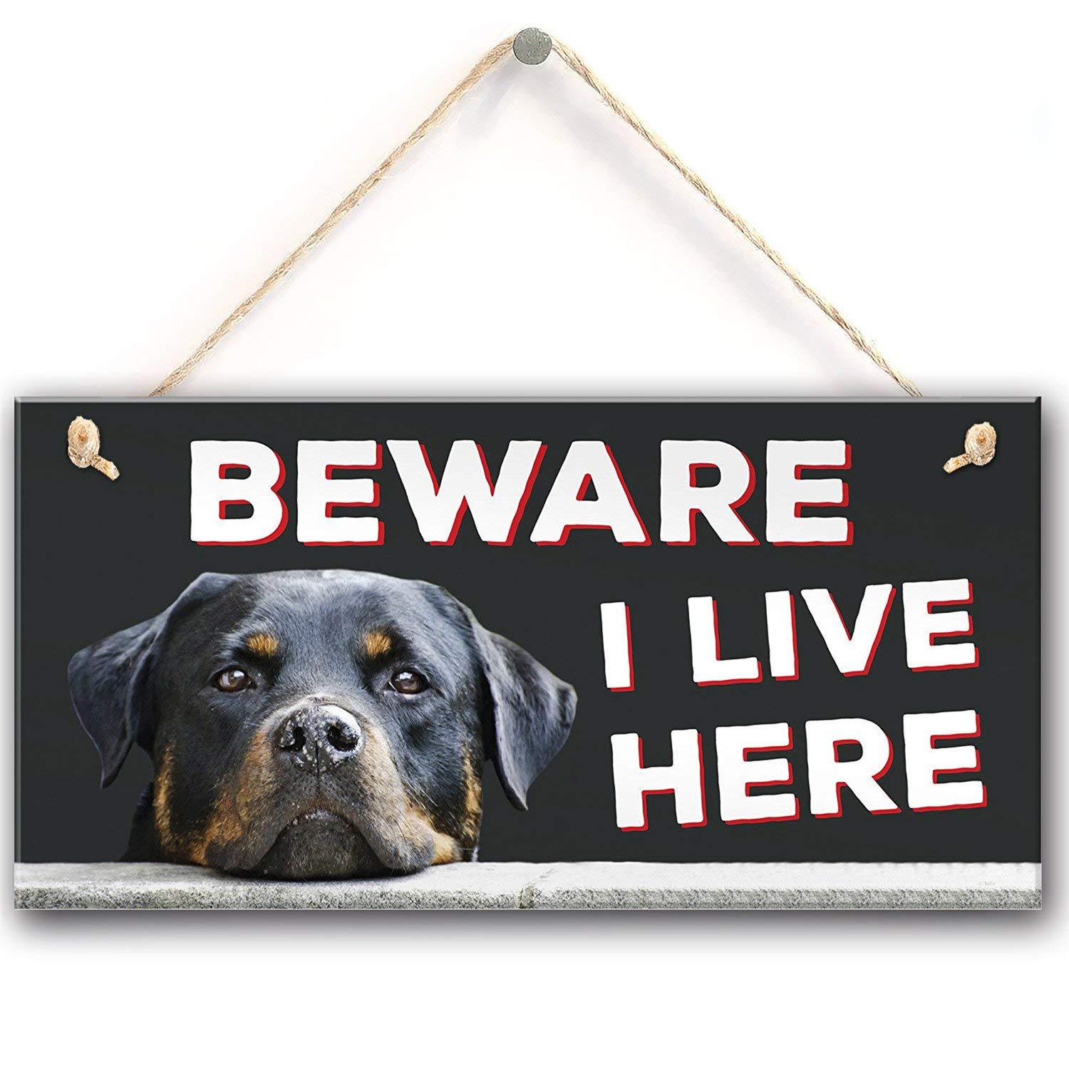 Hty 1 Beware I Live Here Rottweiler Hanging Outdoor Dog Warning Sign Gate Security Plaque 0"X5"（25X12.5 Cm）