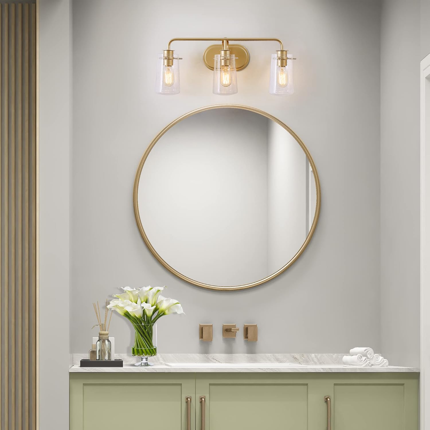 Durent Lighting Gold Vanity Light, 3 Lights Gold Bathroom Light Fixture with Seeded Glass, 22 1/2” L