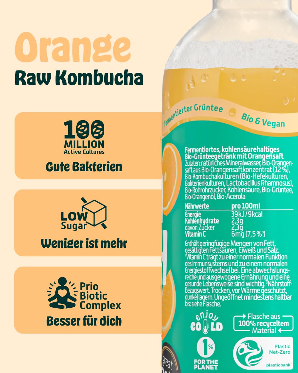 KOMBUCHERY® Orange Raw Kombucha BIO | 12 x 400ml | Fermentierter Tee mit aktiven Darm-Kulturen | Zuckerarm & Kalorienarm | Unpasteurisiert, PrioBiotic, Vegan, Testsieger | inkl. 3€ PFAND
