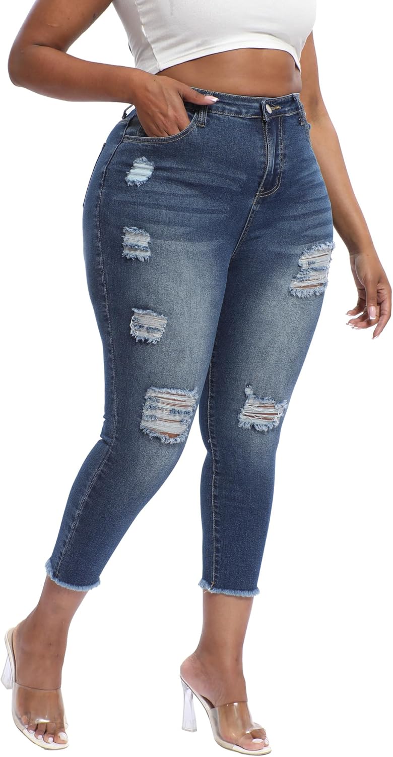 Womens Plus Size Capri Jeans Stretchy High Waisted Skinny Cropped Denim Capris Pants - Image 4