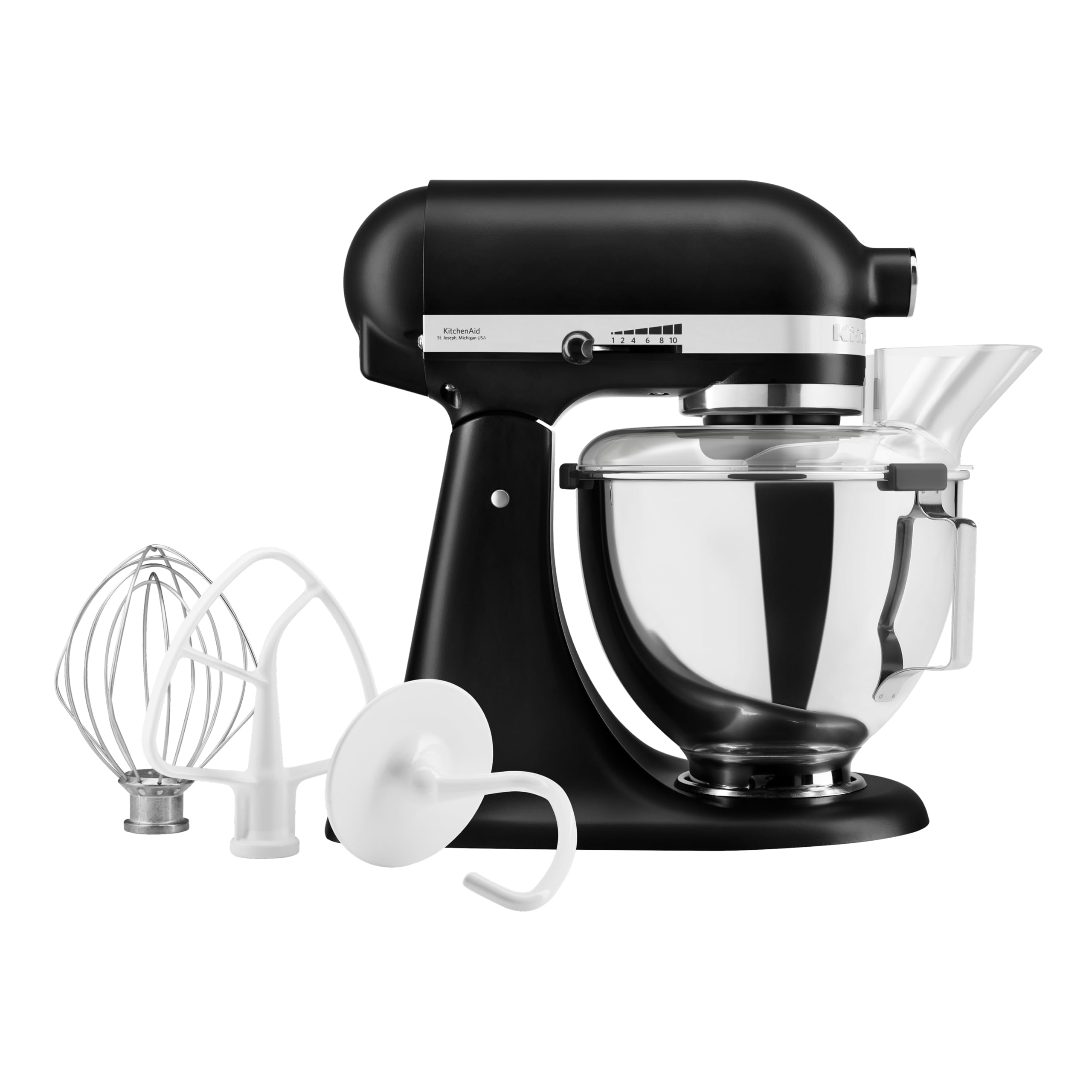 KitchenAid Tilt-Head Stand Mixer, 4.3L Stainless Steel Bowl, Full Metal Construction, Planetary Mixing Action, 10 Speeds, Pouring Shield, Whisk, Flat Beater & Dough Hook, Matte Black