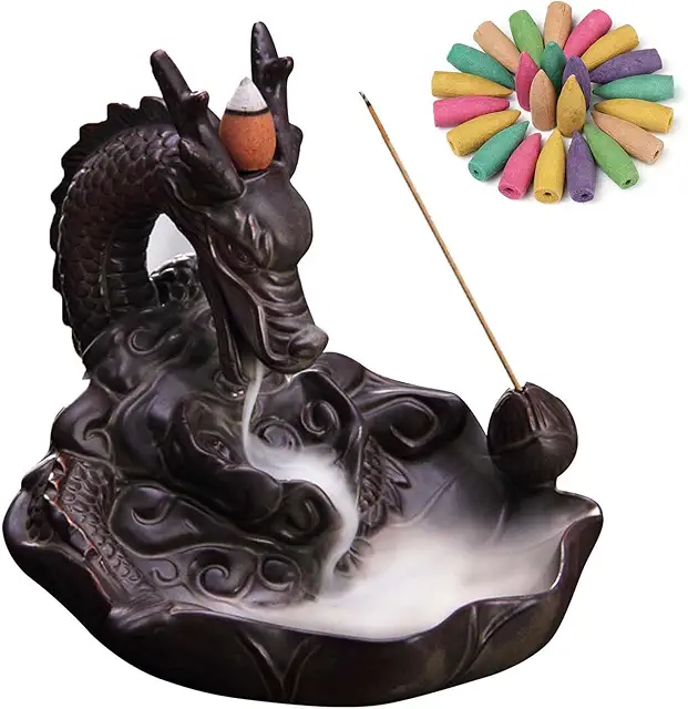 Ceramic Dragon Backflow Incense Burner Holder with 20 Cones - Home Decor