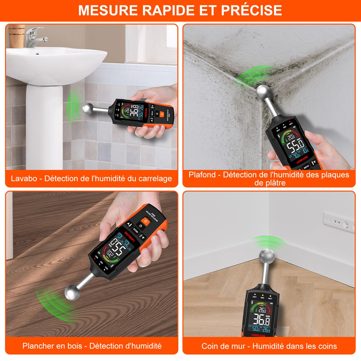 Testeur Humidité Mural MS04 Capteur Sphérique Mesures Non Destructeur Bois Murs Matériaux Construction Alarmes Personnalisables Affichage Température