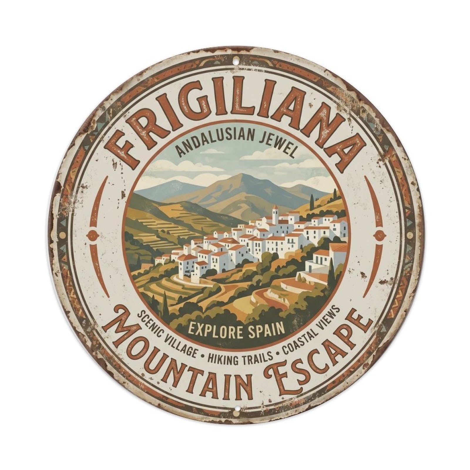 Vintage Travel Mountain Spain Andalusia Metal Tin Sign Plaque Wall Decor for Cafe, Club, Garden Round Metal Poster 8x8Inch