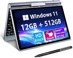 Mini laptop 20.3 cm 2 em 1, laptop Windows 11, Intel N150 (até 3,6 GHz), 12 GB RAM 512 GB SSD, tela sensível ao toque HD, teclado retroiluminado, Wi-Fi 6, USB-C, PC portátil leve para trabalho