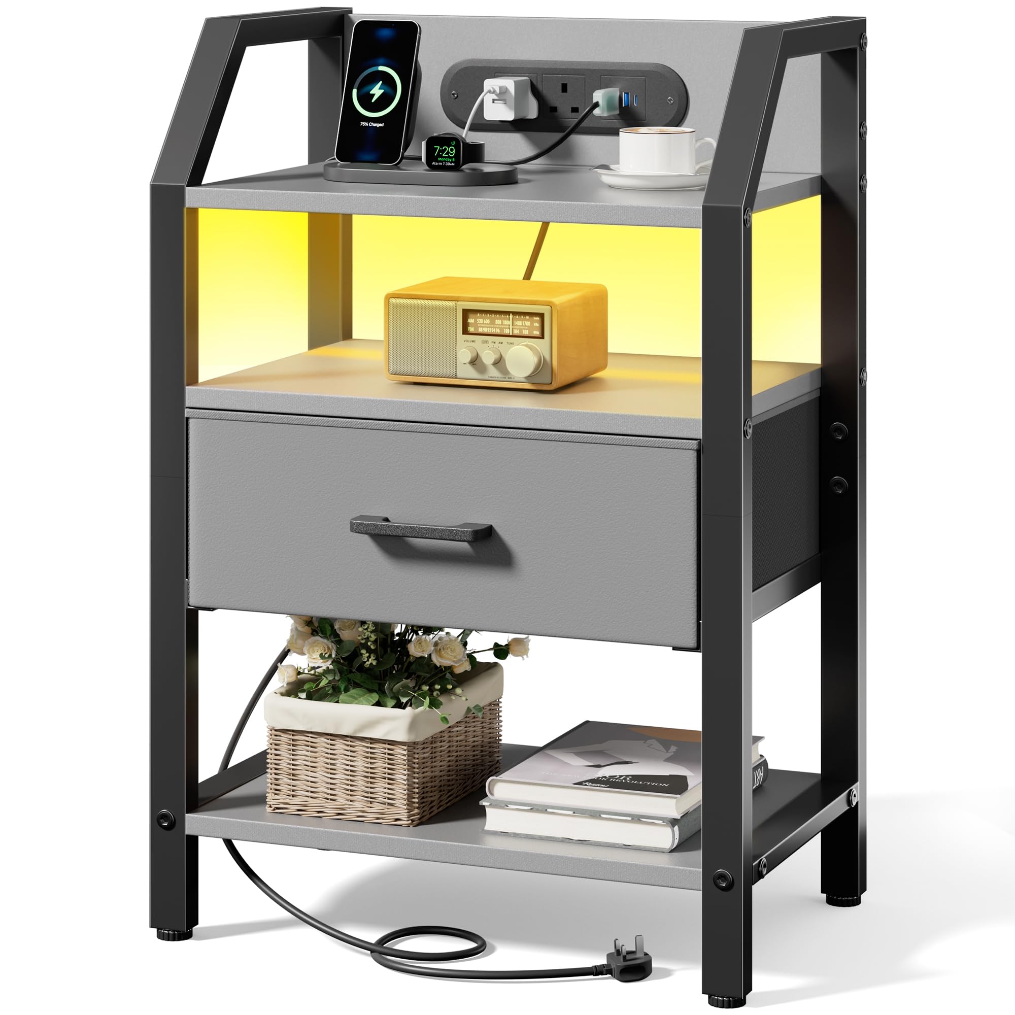 DLONGONE LED Bedside Table with Charging Station, Bedside Cabinet with Fabric Storage Drawer and Open Storage Shelves, Nightstand with 2 AC Outlets, 2 USB & 1 Type-C for Living Room, Bedroom, Grey