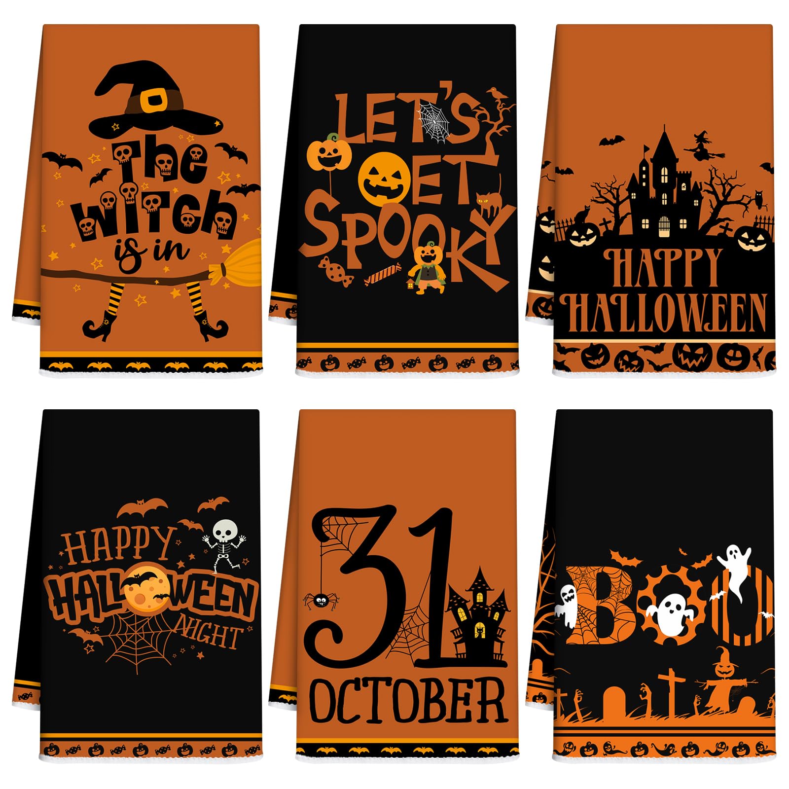 Ganeen 6 Pcs Halloween Kitchen Towels Dwarfs Cobwebs Witches Castles Dish Fiber Fingertip Hand Tea Towels 14.2 x 21.3 Inch for Spooky October 31 Decorative Bathroom Guest
