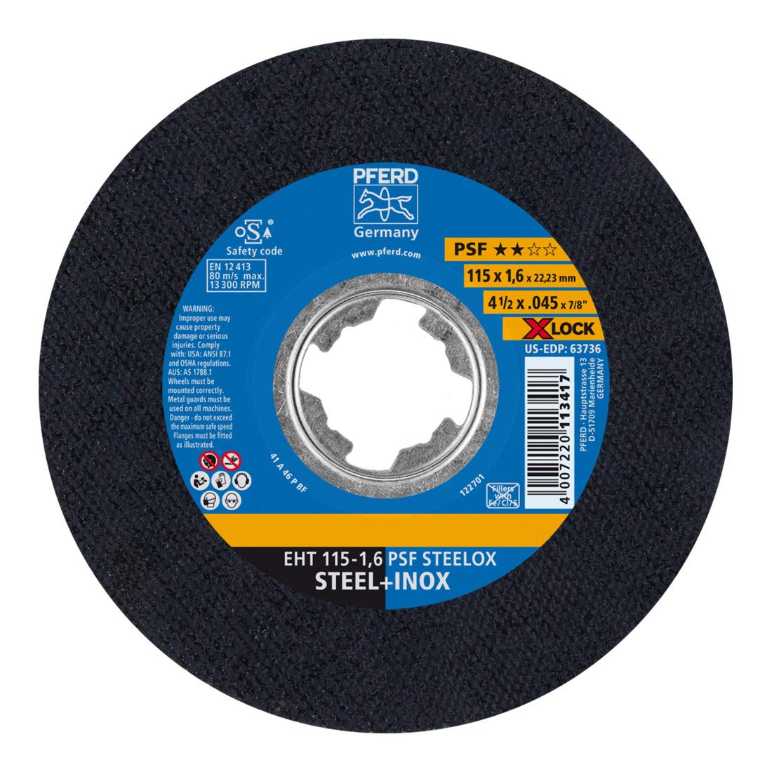 PFERD - Disco de corte (115 mm, X-LOCK, PSF STEELOX - para cambio de herramientas rápido y cómodo, 61730124