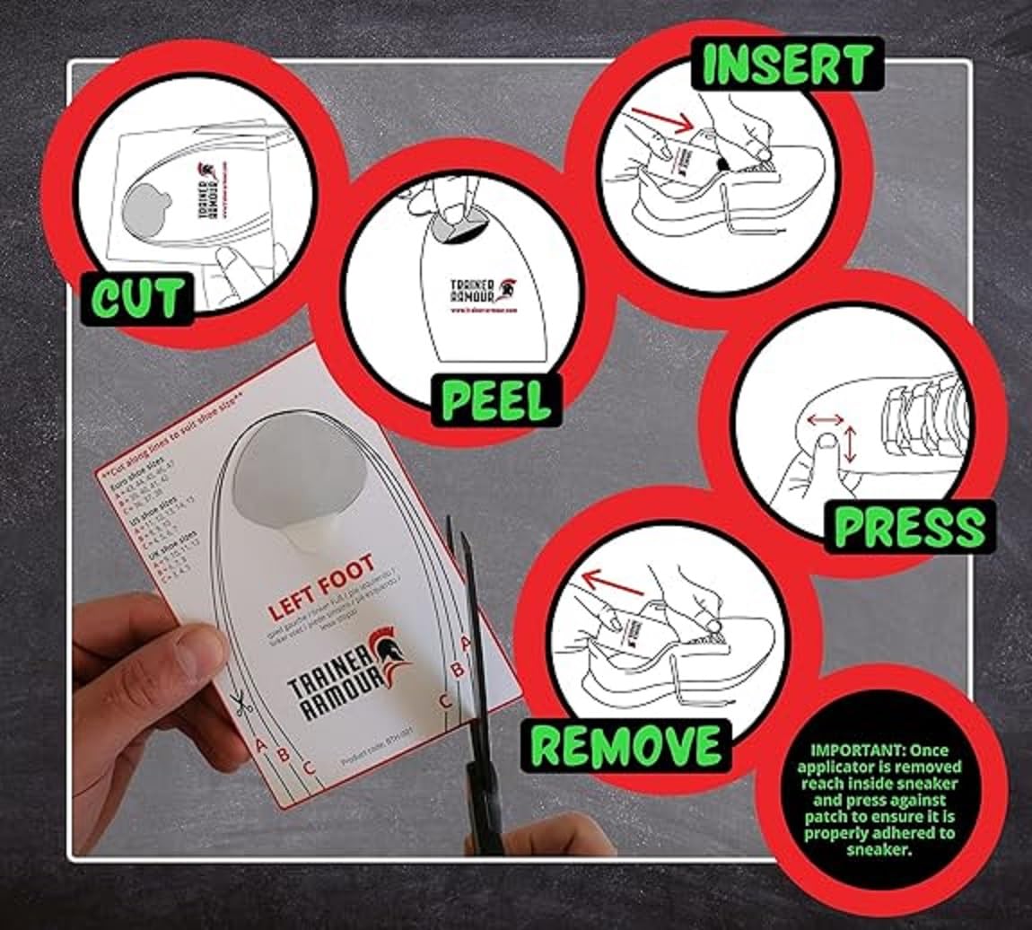 Prevención de agujeros en el dedo del pie para zapatos de correr y calzado de tela. Parches autoadhesivos con un aplicador inteligente. Fuerte e imperceptible cuando se ajusta.
