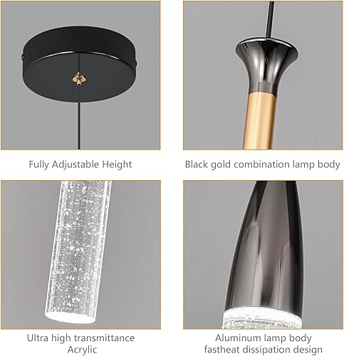 Miniatura 6 de Lámpara colgante de cocina, lámpara colgante moderna, mini candelabros de cristal, ajustable, color negro y dorado, iluminación colgante para