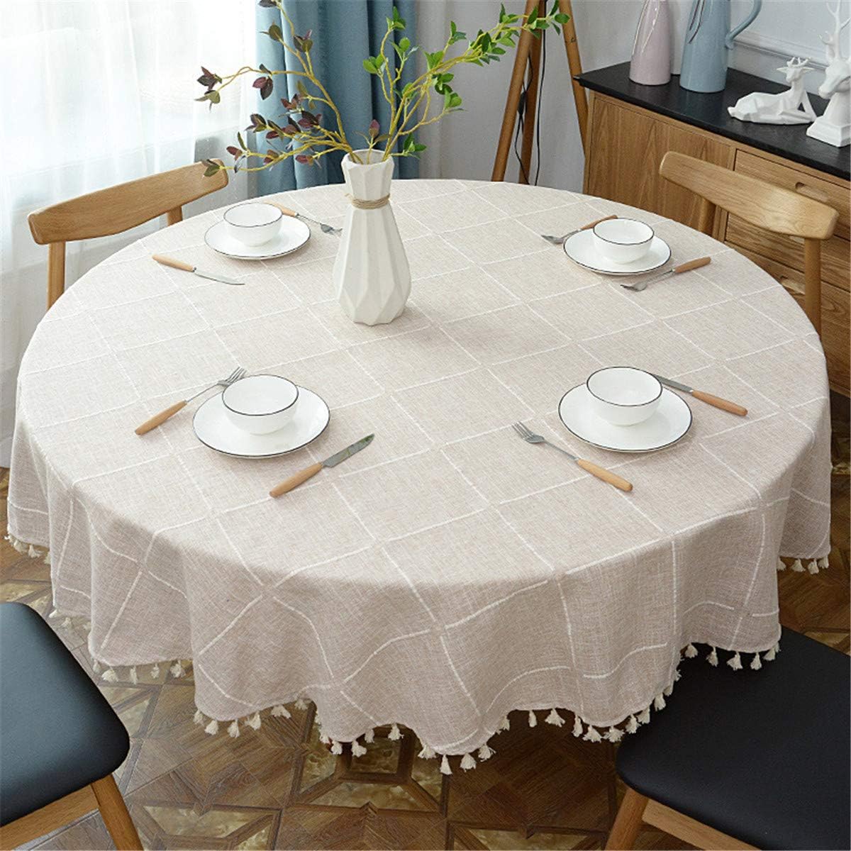 Round Tassel Plaid Tablecloth, Heavy Weight Cotton Linen Fabric Table Cover for Kitchen Dining Tabletop Decoration, Beige, 62" Round Beige 62" (Round)