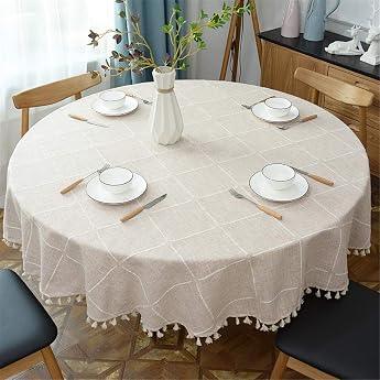 Round Tassel Plaid Tablecloth Heavy Weight Cotton Linen Fabric Tablecloth for Kitchen Dining Table Decoration Beige 120 cm Round