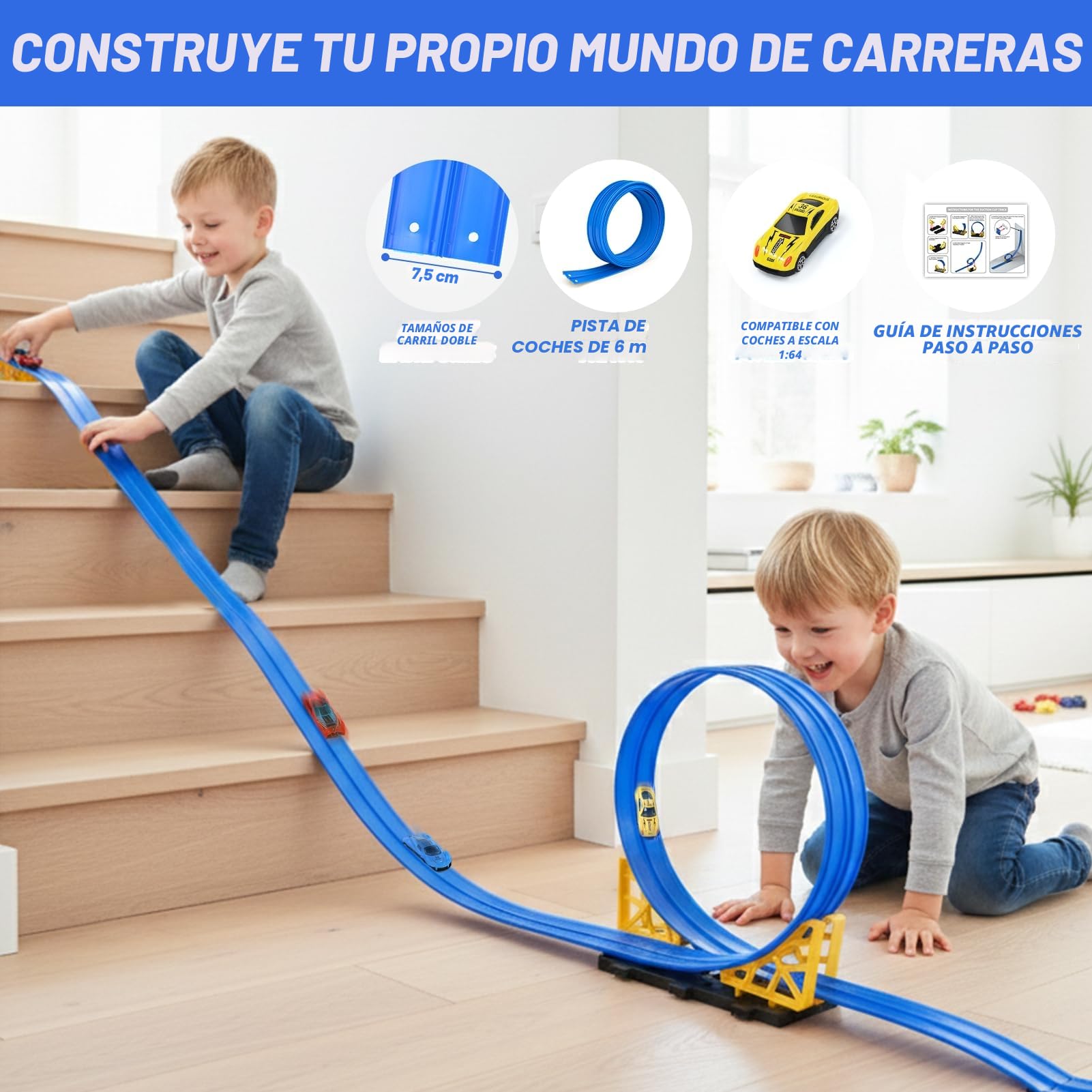 Dreamon Pista de Coches para Niños 6 Metros Pista Coches Flexible Incluye 4 Coches de Juguete 2 Rampas 1 Bolsa de Almacenamiento 4 Ventosas Regalo para Niño y Niñas 3 4 5 6 Años