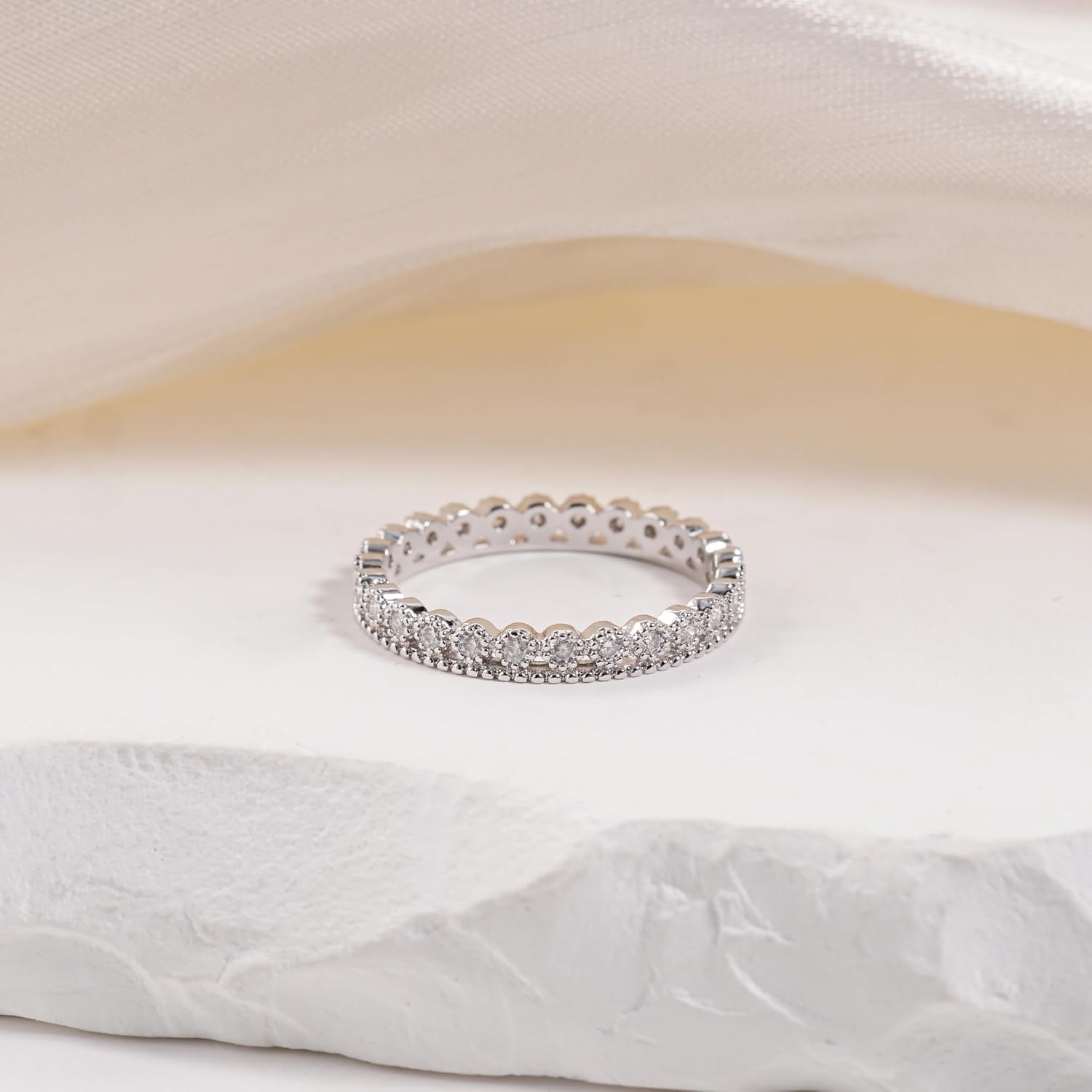 Eternity Moissanite Wedding Band Ring for Women | D Color VVS Round Cut, Full Eternity Ring, 18K White Gold Plated Silver, Stackable, Anniversary Engagement Band
