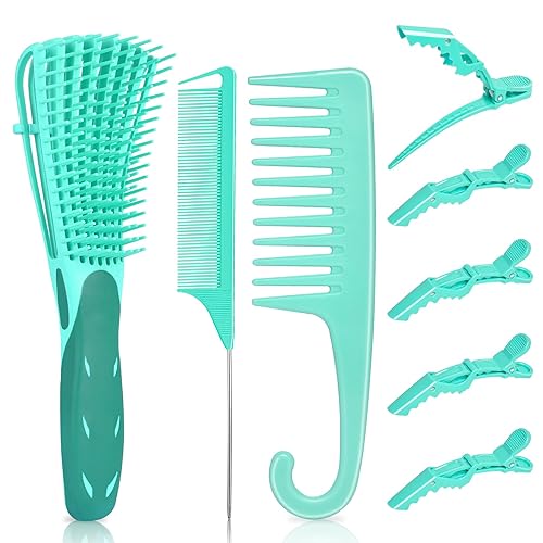 MORGLES - Cepillo desenredante verde, 8 piezas para cabello rizado, peine de dientes anchos para rizos con peine de cola de rata, 5 clips de